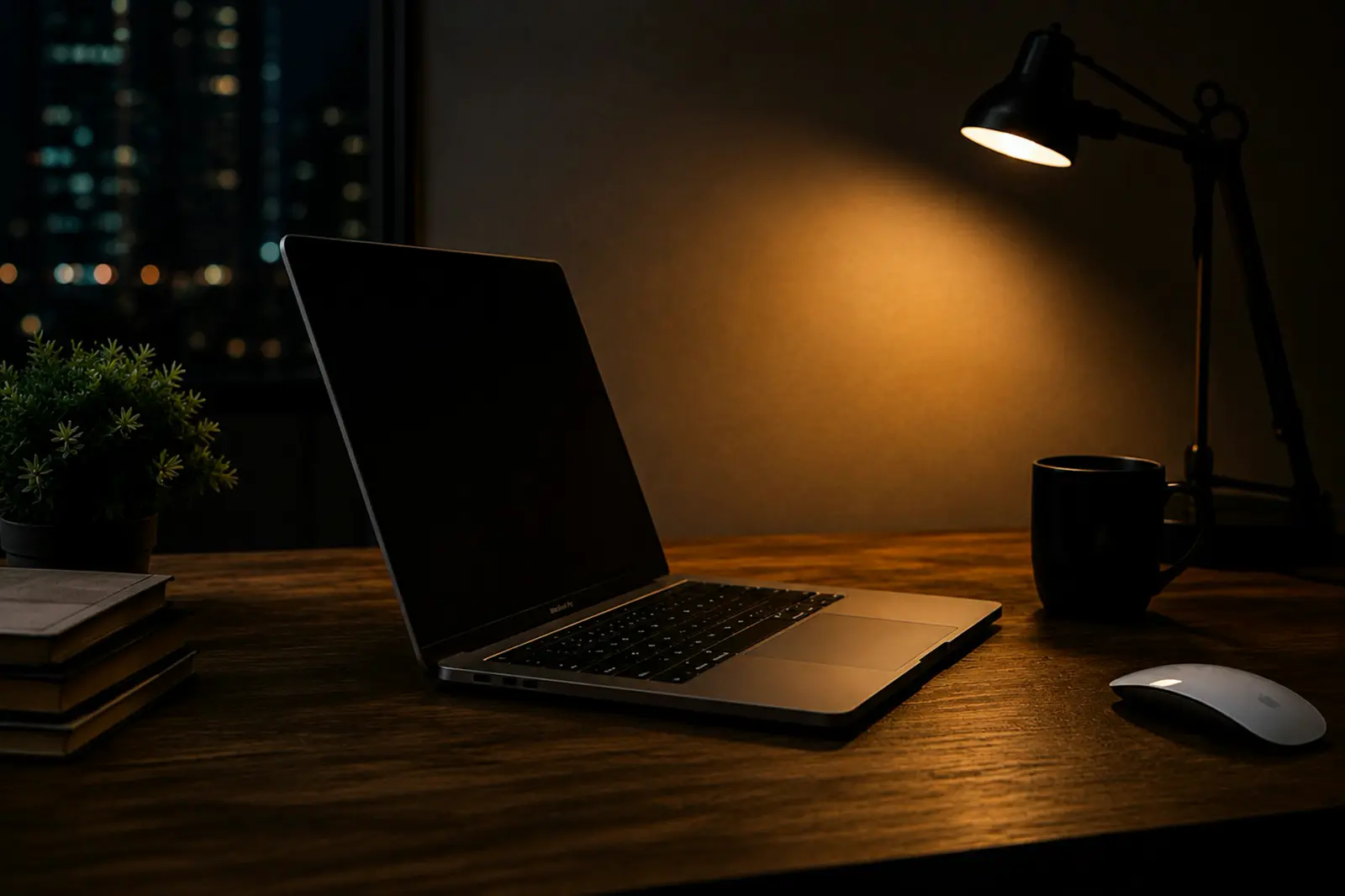 A laptop on a desk at night, under a lamp