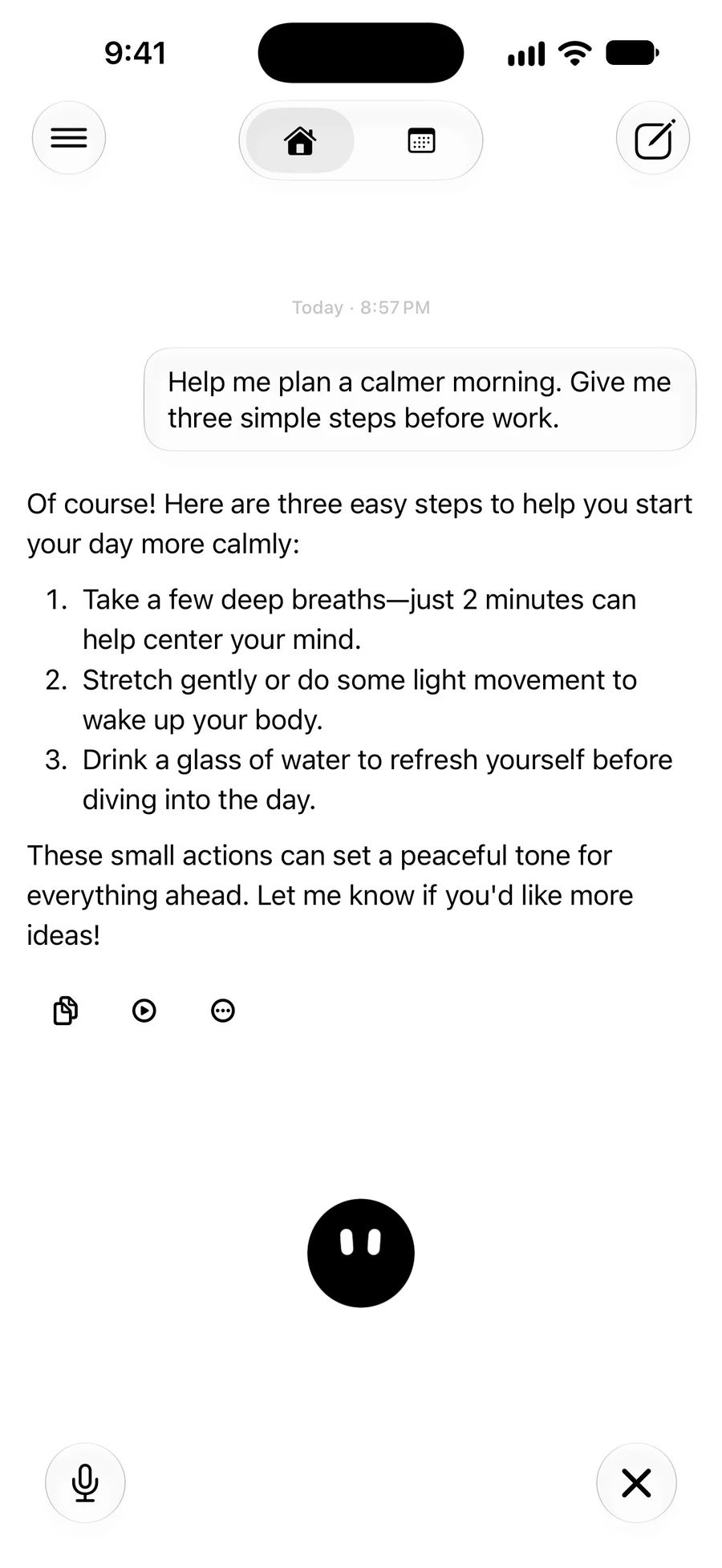 An Embasis conversation: a request to plan a calm morning, answered with three steps.
