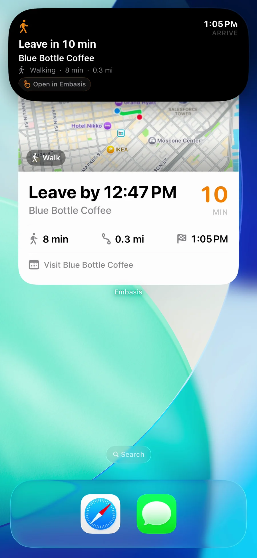 An iPhone Lock Screen with an Embasis Smart ETA countdown for walking to Blue Bottle Coffee