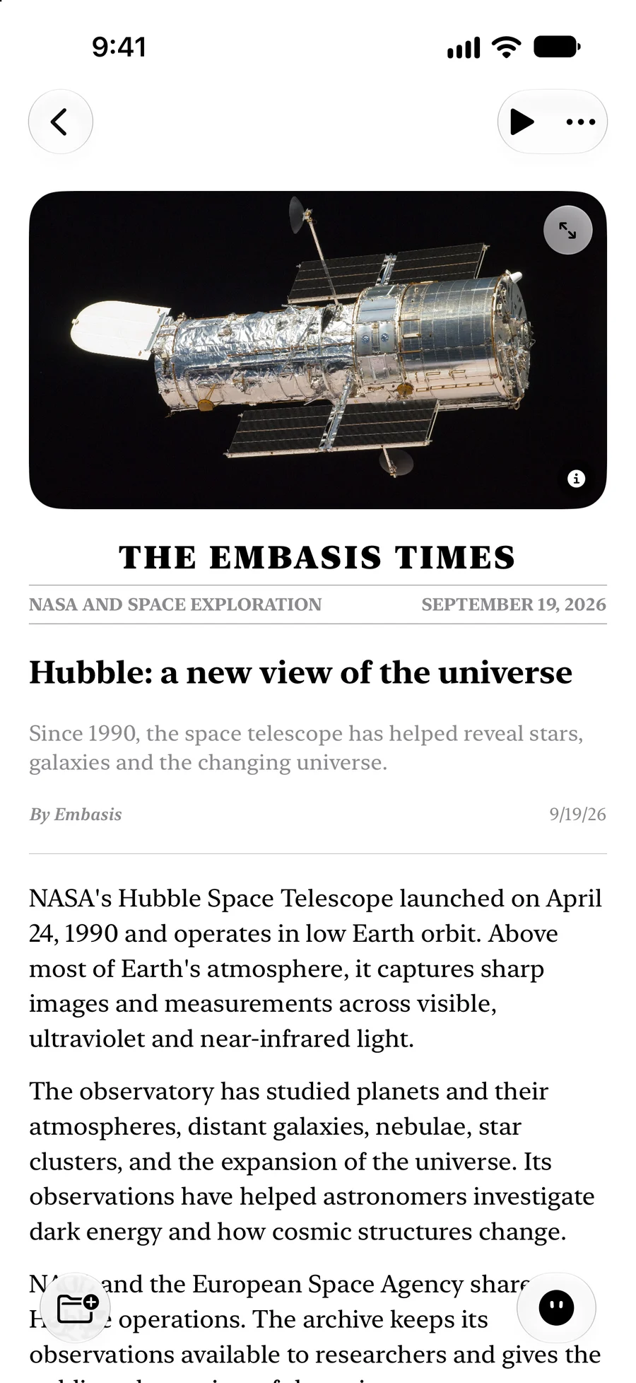The Embasis daily briefing screen, with a personalized edition and reading controls