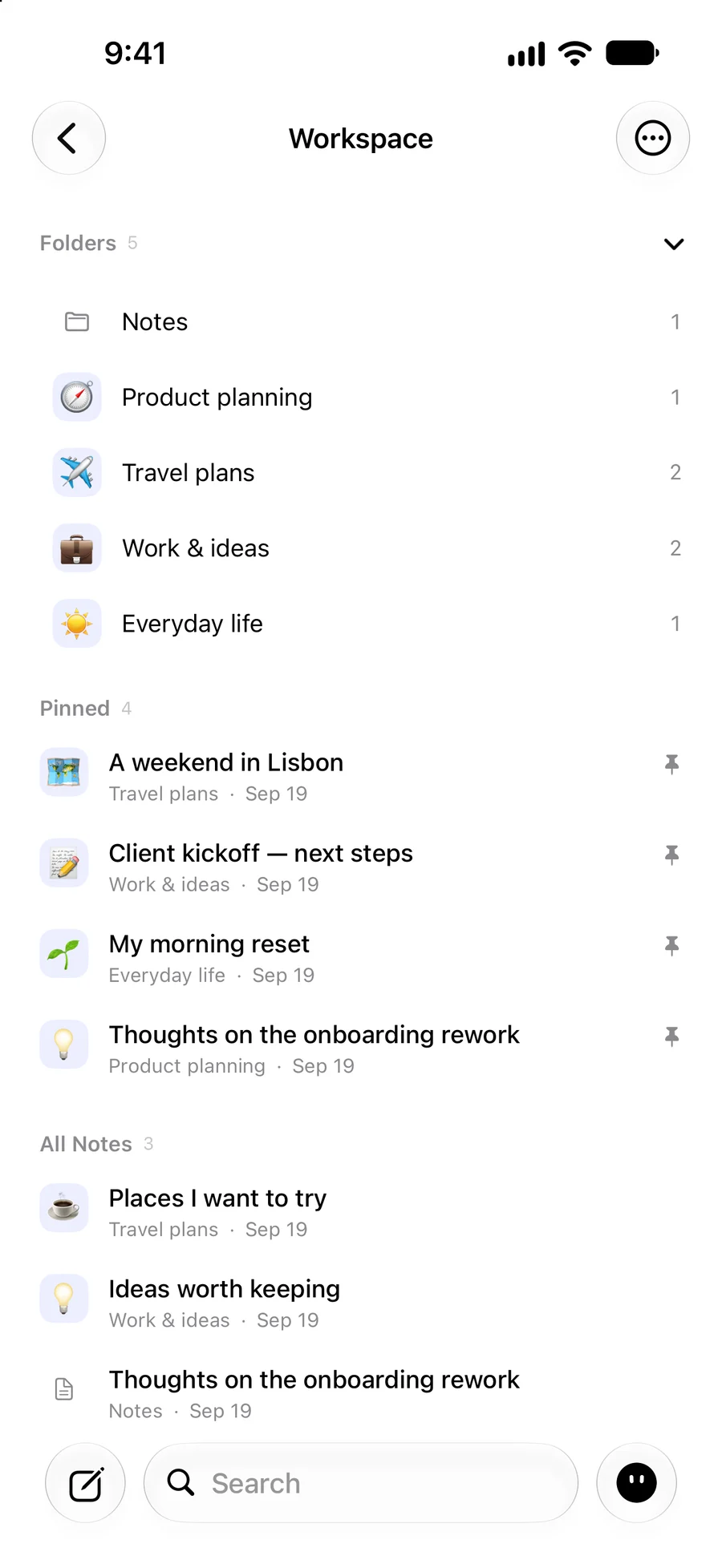 The Embasis workspace screen for organizing personal work and documents