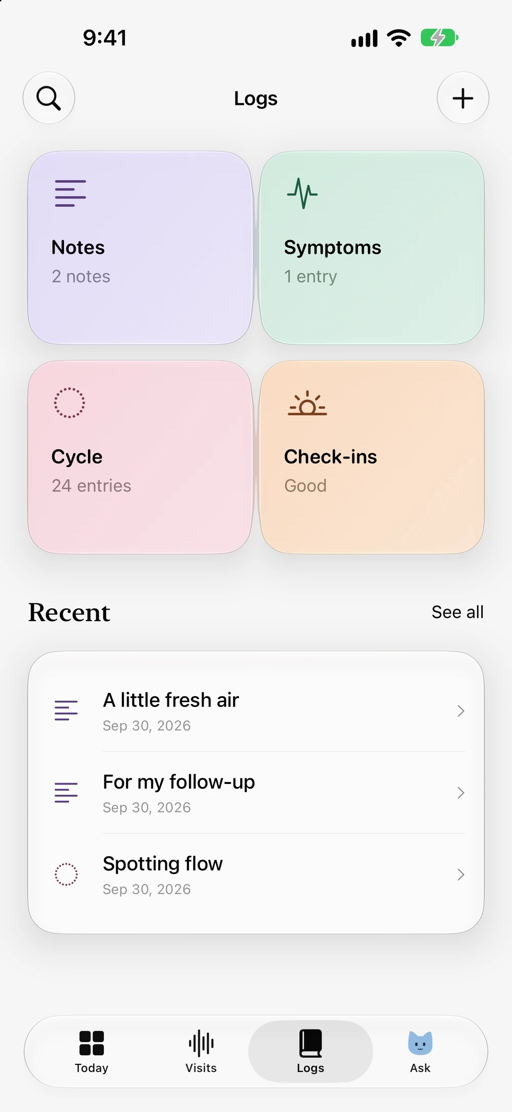 Melody logs for notes, medication records, and daily check-ins