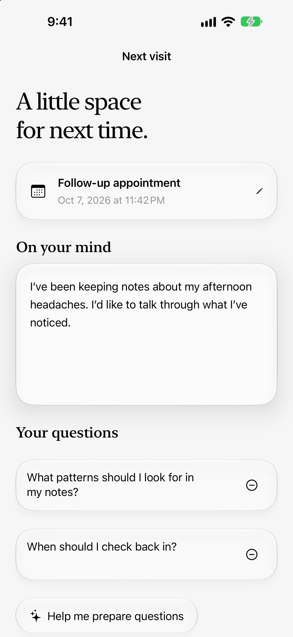 Melody's next-visit preparation and saved questions