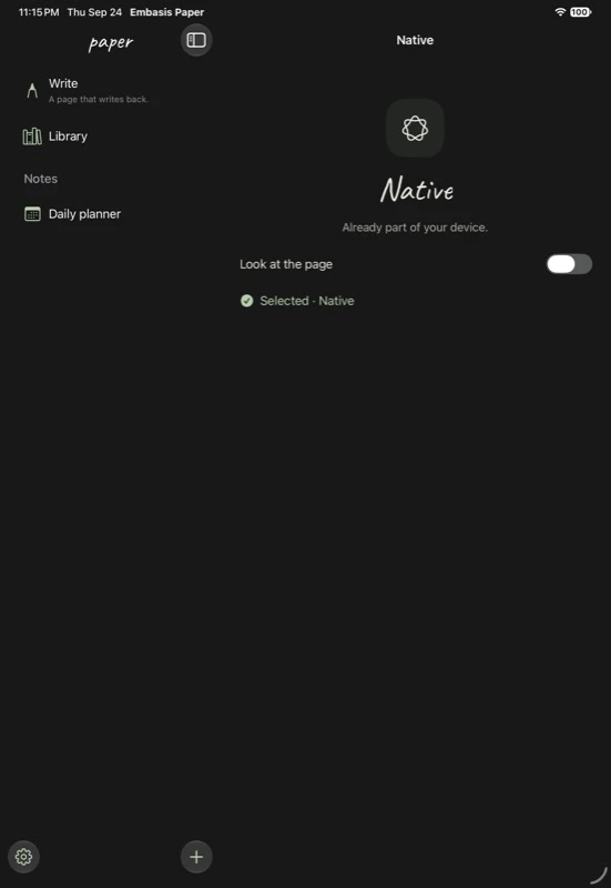 Embasis Paper's native companion in dark mode on iPad